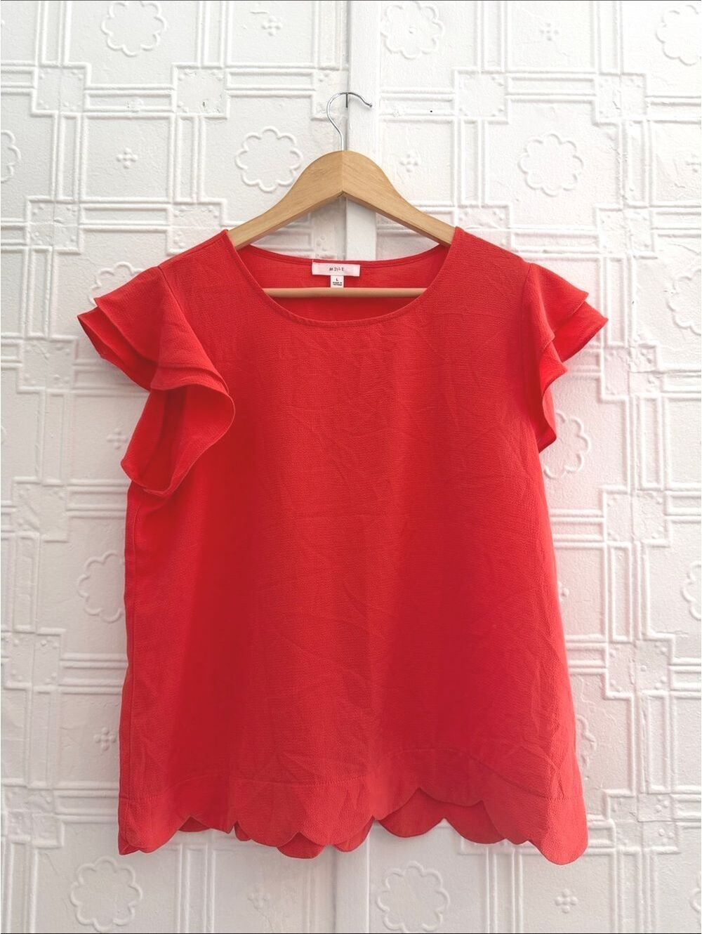 MINE Coral Red Scalloped Hem Flutter Ruffle Sleeve Blouse Top Size L